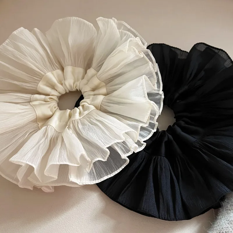 2024 Scrunchie di pizzo di raso arruffato oversize Design alla moda temperamento coreano donne esagerate copricapo con fascia per capelli a doppio