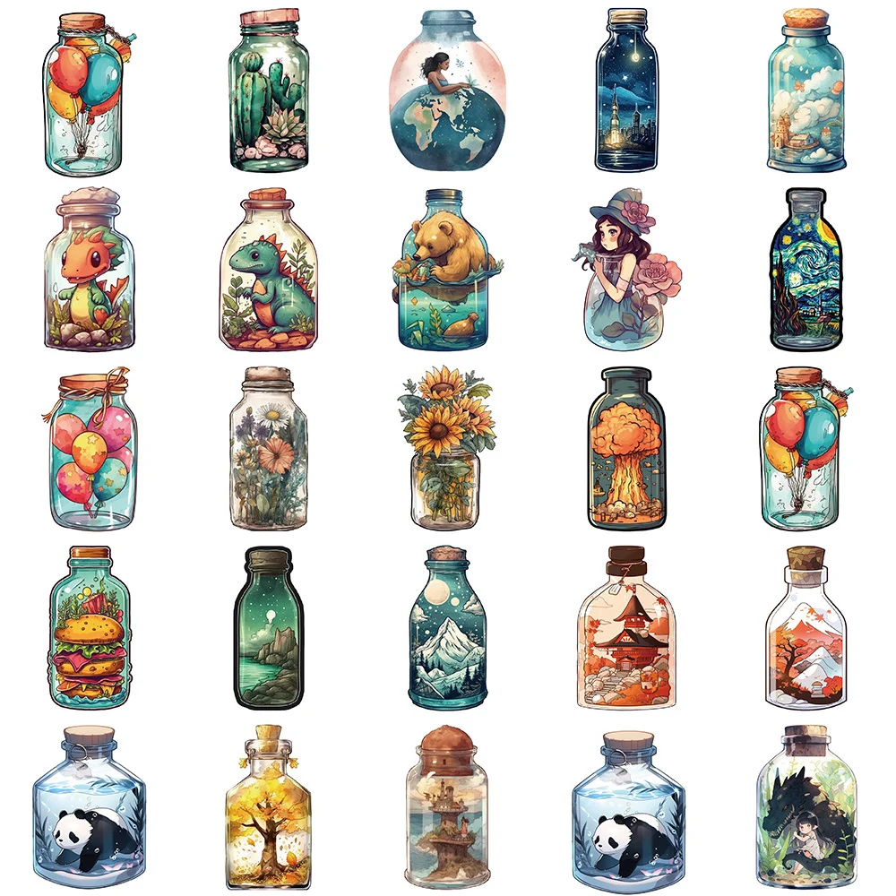 10/30/50PCS Vintage INS Style Bottle World Cartoon Aesthetic Stickers Decals Waterproof Kawaii Anime Decoration Sticker Kids Toy