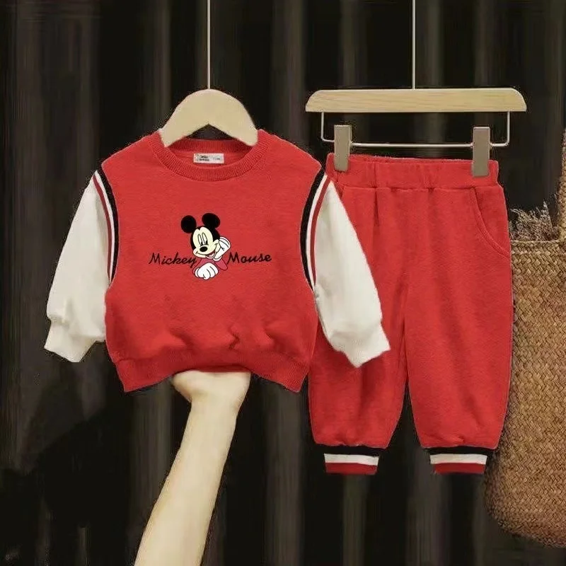 Autumn Baby Girl Boy Clothes Set Children Sports Disney Mickey Patchwork Sweatshirts Top and Pants Bottom 2 Piece Suit Tracksuit