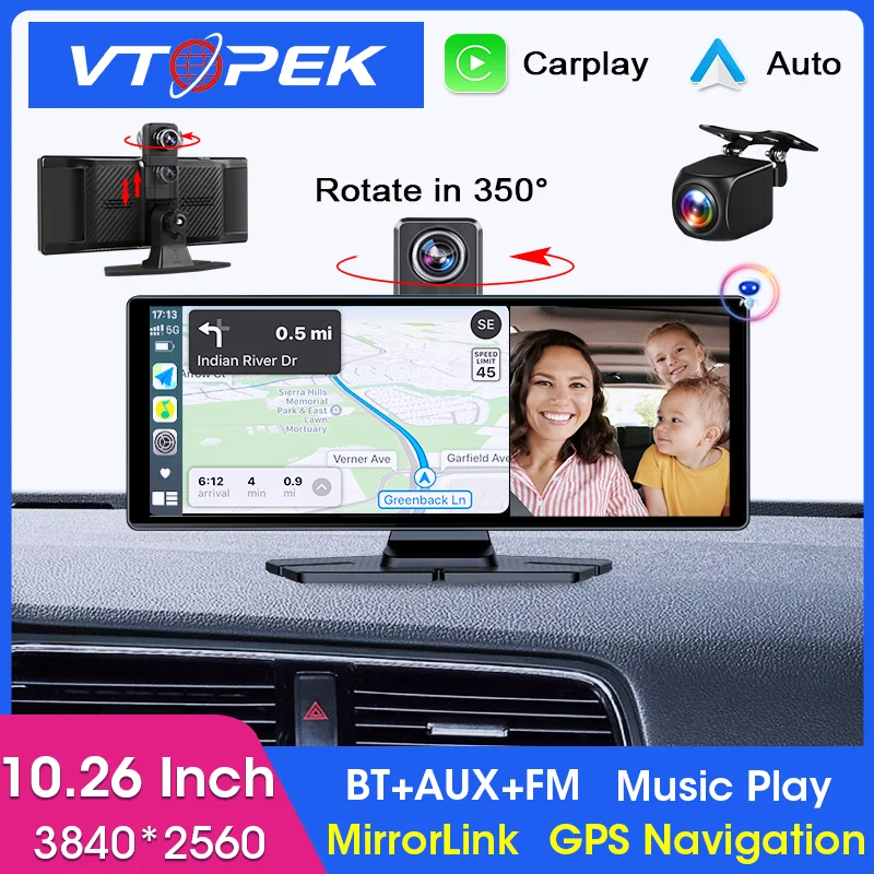 

Vtopek 10.26" 4K Dash Cam 350° Rotate Carplay Android Auto Car DVR WiFi GPS Navigation Rearview Camera Dashboard Video Recorder