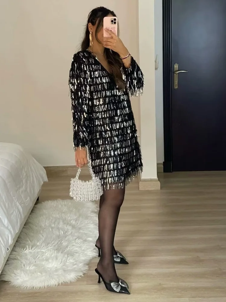 PB&ZA 2024 Women\'s Summer New Fashion Tassel Sequin Hemp Bag Decoration Mini Neck Long sleeved Dress