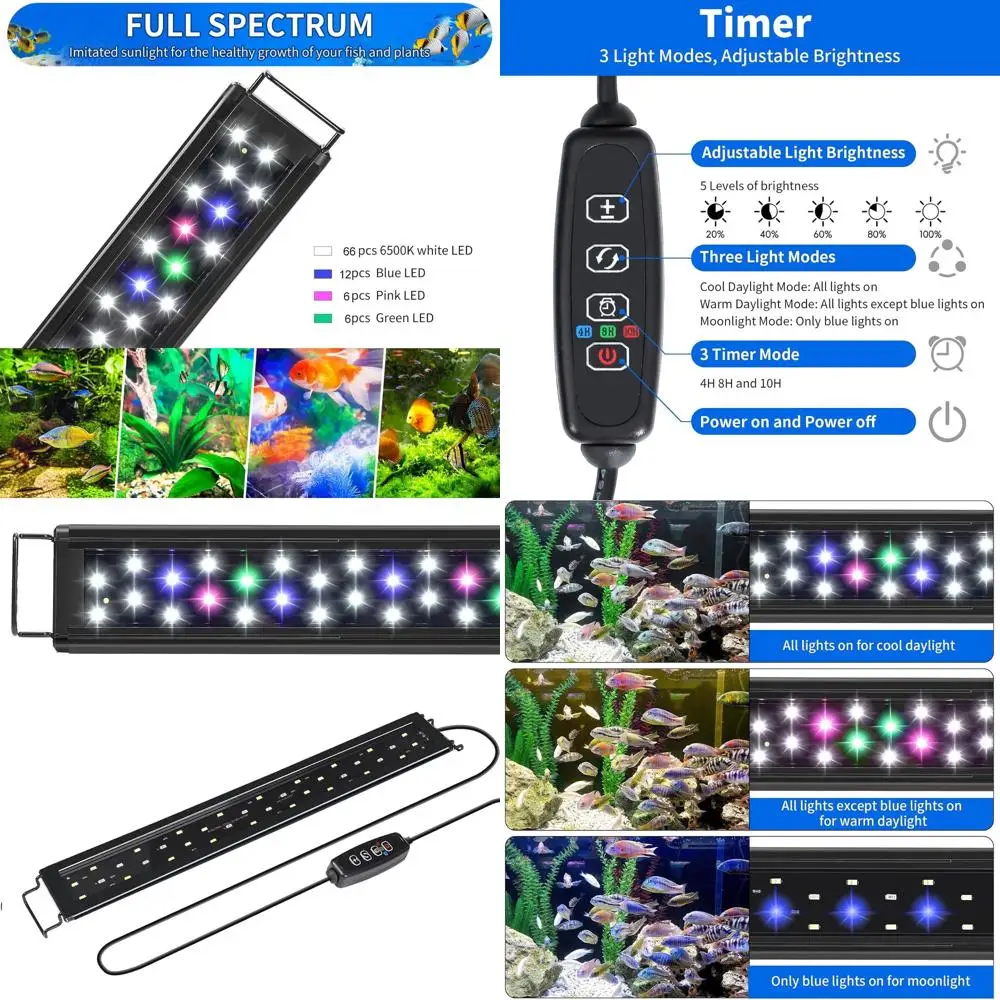 

Светодиодный светильник для аквариума AQUANEAT от 48 до 54 дюймов с таймером, автоматическое включение и выключение, регулируемая яркость, полный спектр, режим дневного света и лунного света