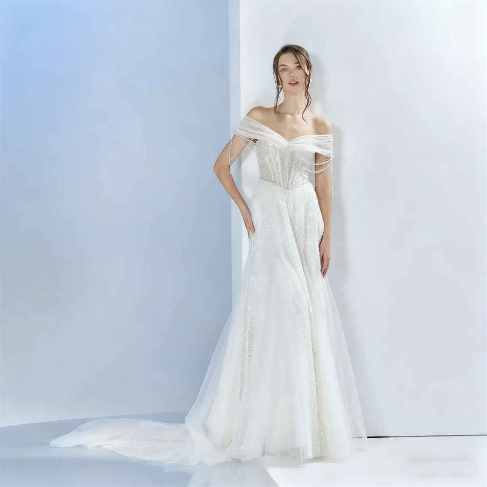 맞춤형 오프숄더 스위트하트 네크라인 A라인 스팽글 웨딩드레스 섹시한 지퍼 백 플로어 길이 스윕 트레인 가운 신부용