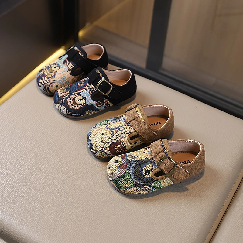 

2025 New Autumn Kids Leather Shoes Ethnic Style Girls Flat Shoes Round Toes Soft Bottom Children Retro Non-slip Sweet Shoes