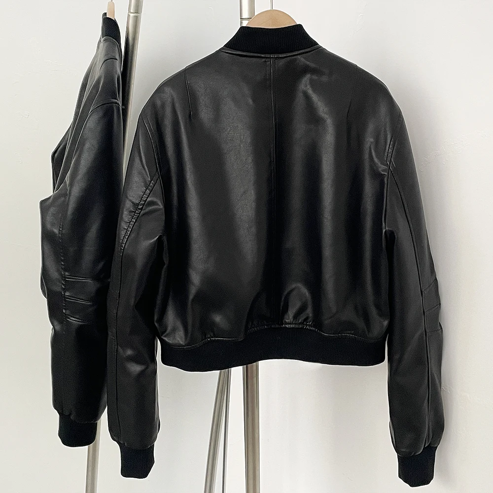 Alta qualidade roupas pretas senhora nova primavera outono jaqueta de couro falso moda feminina gola de malha casaco de couro falso feminino