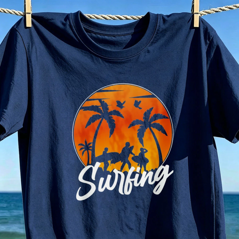 Surfing T-Shirt Retro Surfing Beach Summer Gift Sunset Palm Tree Silhouette Graphic Tees Trendy Beach Vacation Casual Cotton Top
