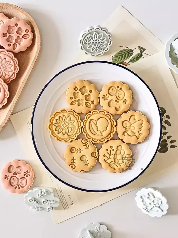 7Pcs/Set Lily Flower Leaf Bird Pattern Cookie Cutter Korean Style Round Shape Biscuit Stamp Homemade DIY Cookie Press Mold  Tool