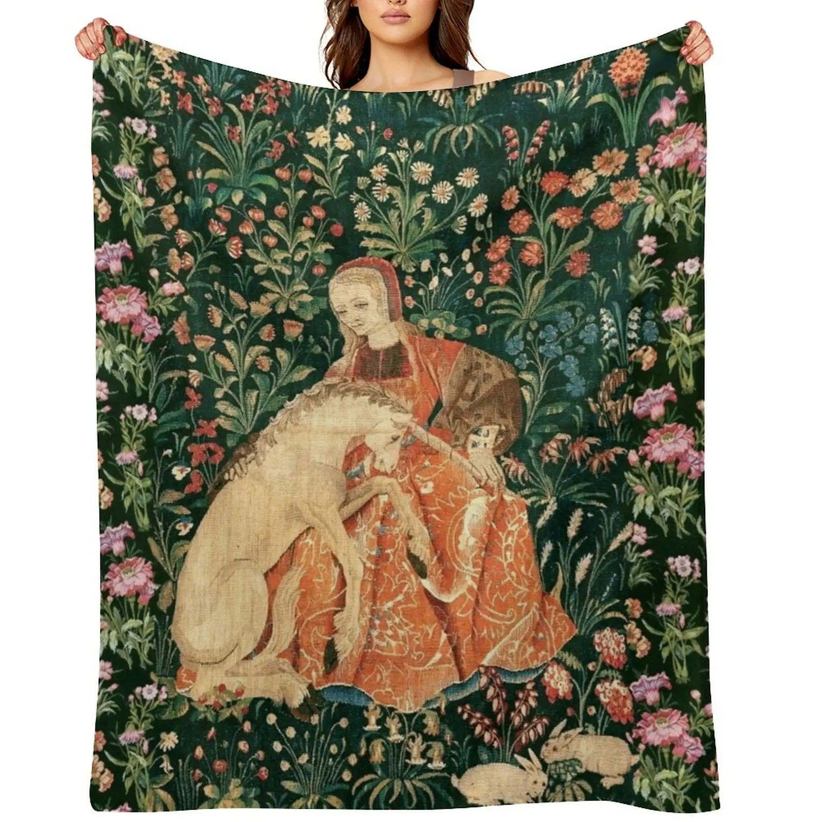 

LADY AND UNICORN AMONG FLOWERS ,HARES,Red Green Floral Throw Blanket Plaid on the sofa Summer Beddings Custom Blankets