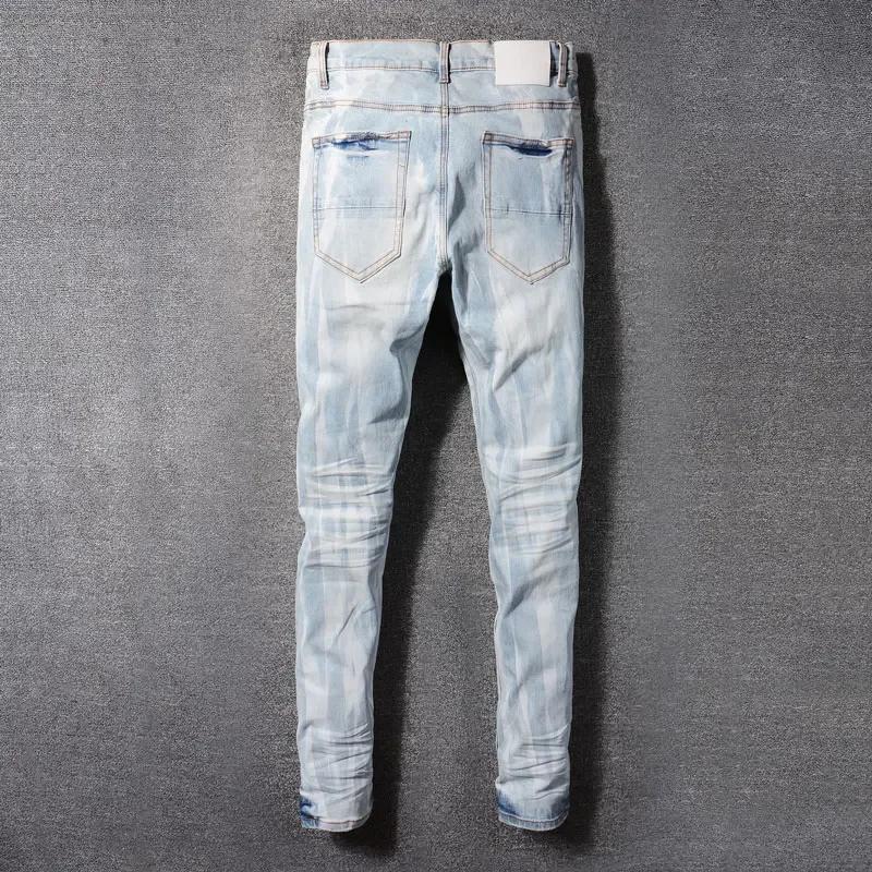 High Street Fashion Men Jeans Retro Light Blue Stretch SKinny Fit Brand Jeans Homme Tie-Dye Designer Hip Hop Denim Pencil Pants