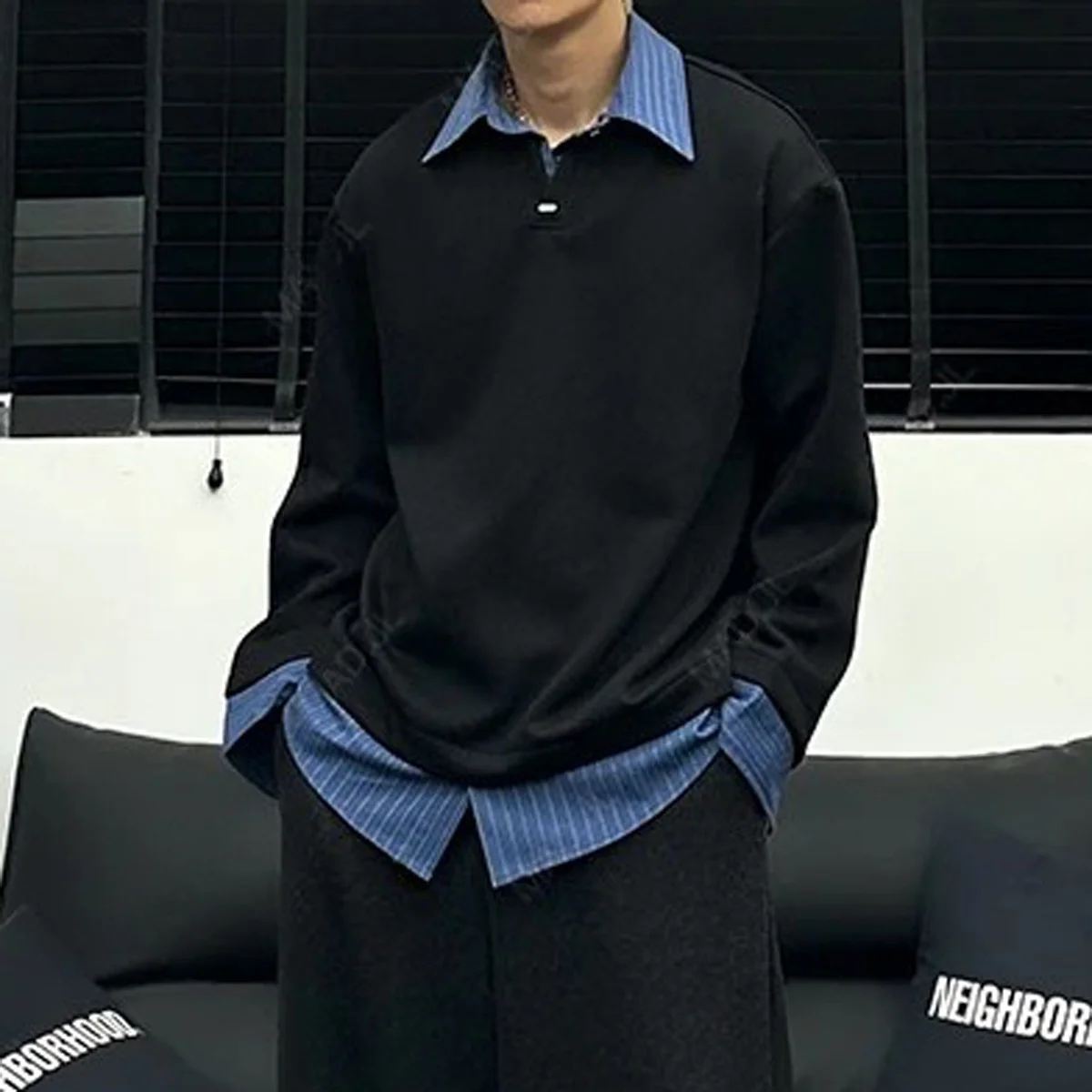 

Мужская свободная толстовка с длинным рукавом на осень-зиму, с воротником-рубашкой и дизайнерскими вставками, роскошный базовый топ, модная повседневная одежда