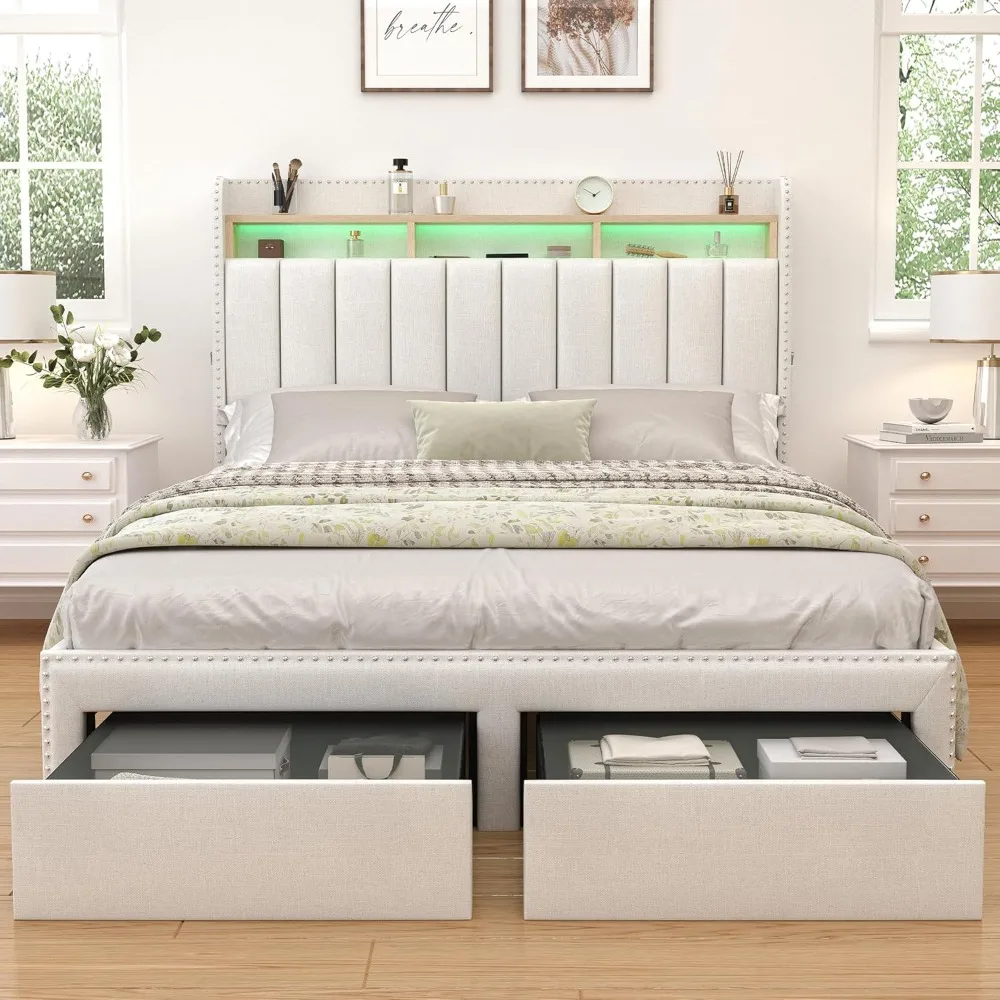 

Queen LED Bed Frame with 2 Drawers, Modern Platform Beds with 2 Tier Linen Upholstered Storage Wingback Headboard, Channel Tufte