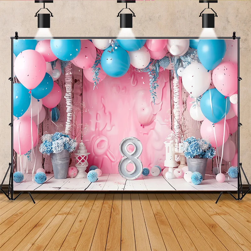 Happy Birthday  Photography Background  Number Pink Bear doll Hydrogen balloon Floral  Baby  Party  Backdrops  SR-81