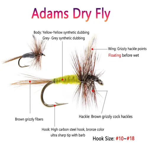 Imagen 2 del producto Bimoo 6PCS # 10~ # 16 Grizzly Brown Hackle Adams mosca seca anzuelo con púas puede mosca Midge mosca trucha Señuelos de pesca cebos gris amarillo