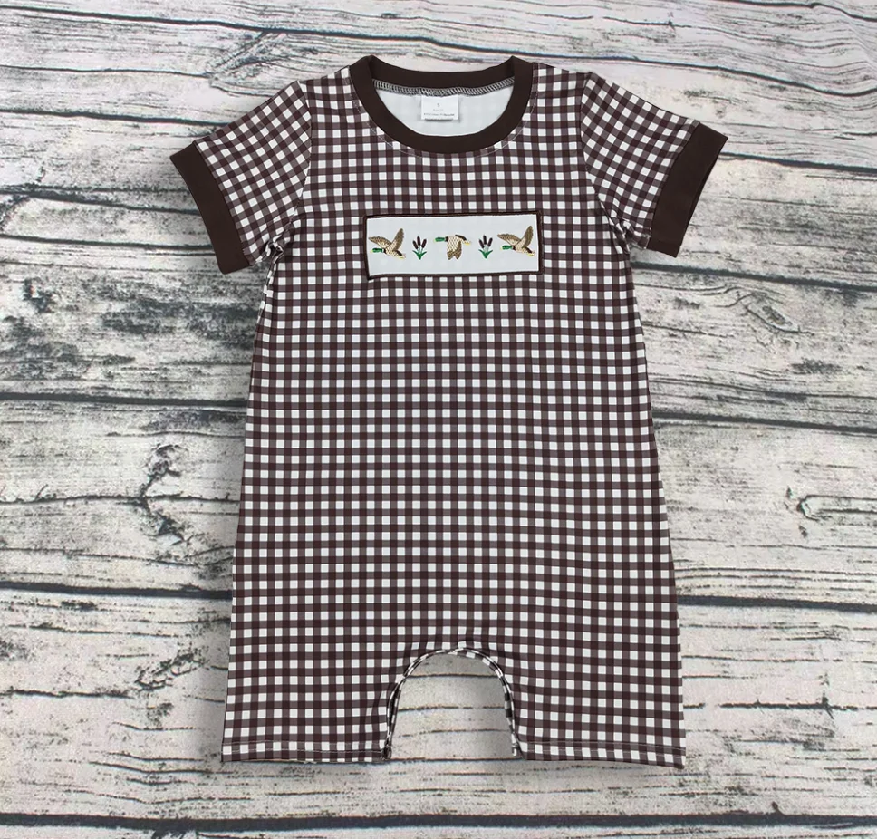 

9.5 Wholesale Baby Boy Buttons Shorts Romper Kids Children Newborn Embroidery Ducks Plaid Toddler Embroidery Infant New Jumpsuit