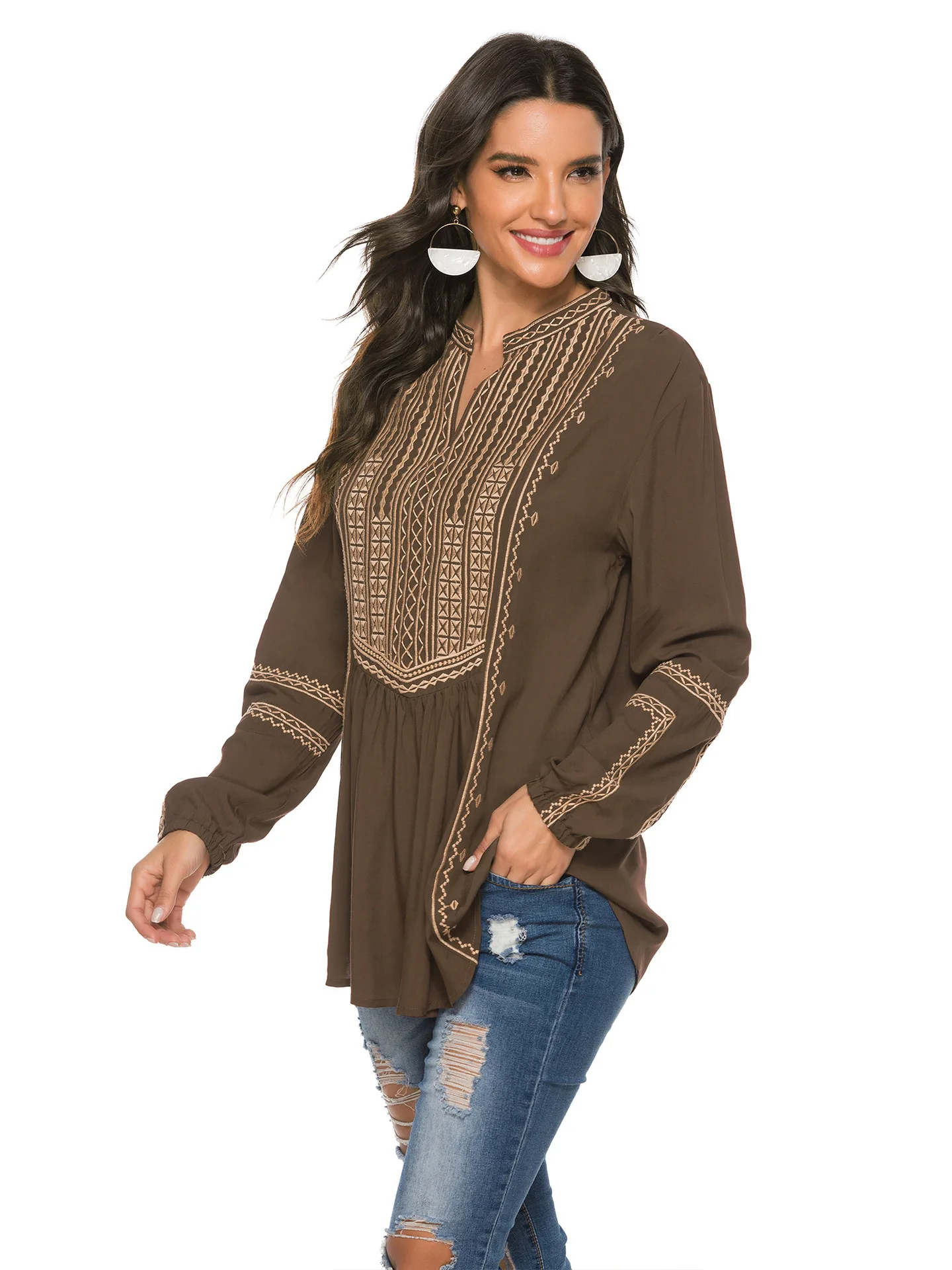 

Loose Long Sve Women's irt Floral Print Embroidery Casual Sle Spring Summer Polyester Casual Faion Ladies Top