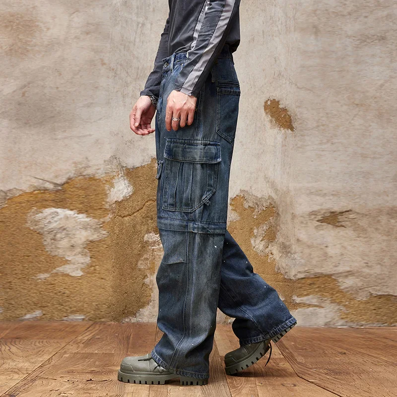 Men Hip Hop Jeans Cargo Pants Loose Baggy Wide Leg Jeans For Men Multi-Pockets Dismountable Zipper Desinger Motocycle Streetwear