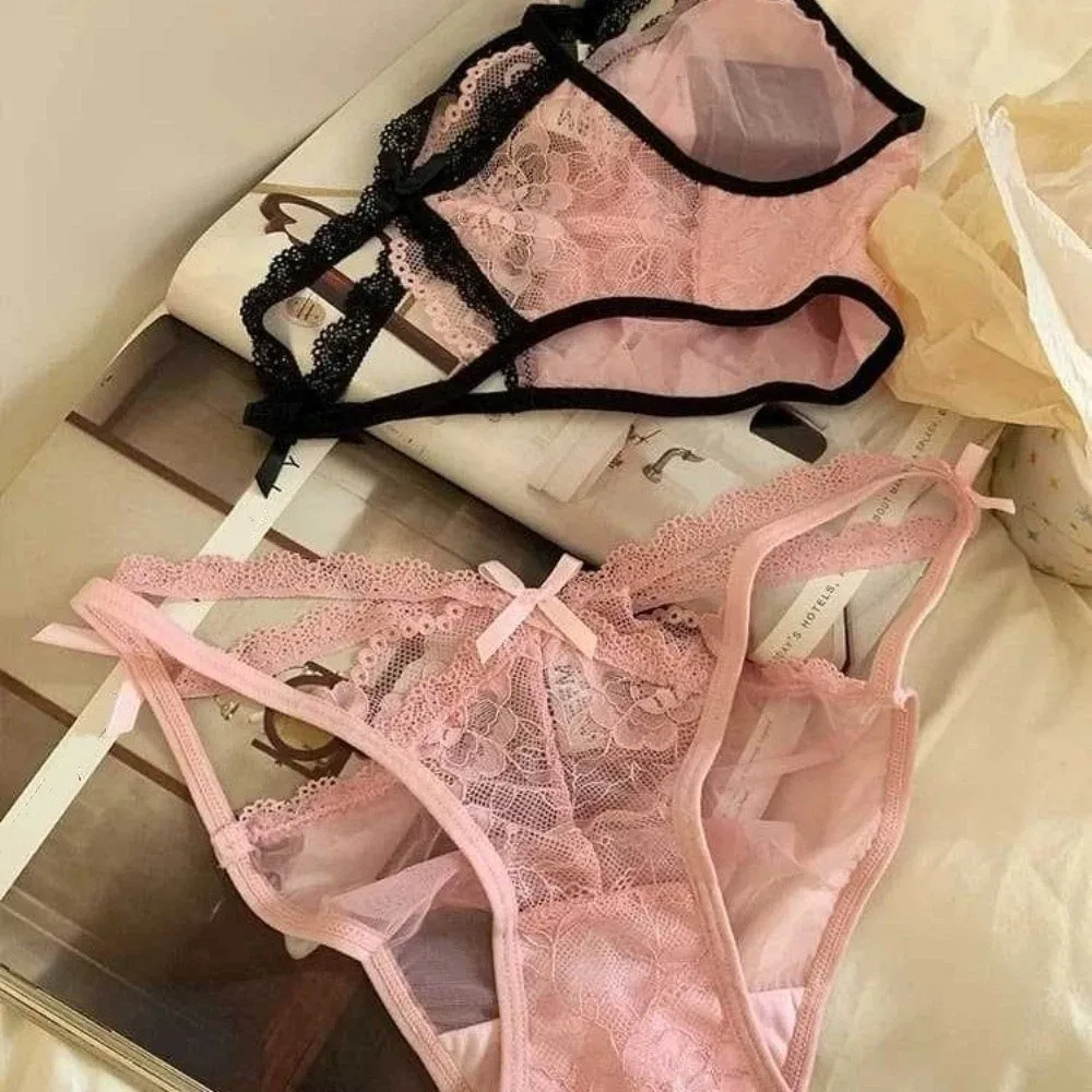

Lingerie Bow Lace Flower Panties Transparent Seamless French Style Briefs Hollow Mid Waist Lace Mesh Briefs Gifts