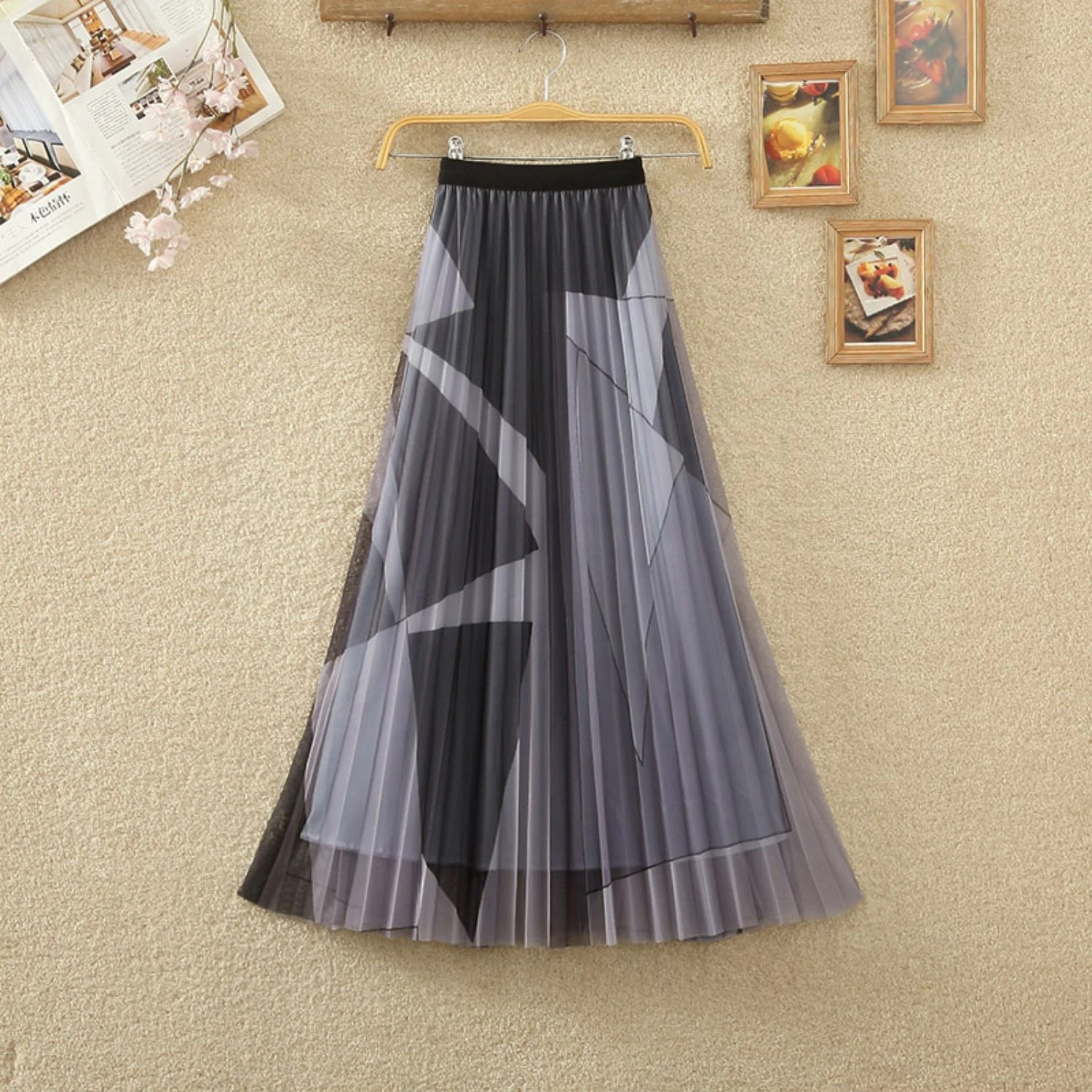 2023 New Spring Summer Women High Waist Slim Long Skirt Korean Style Fashion Mixed Color Geometric Print Mesh Pleated Skirt