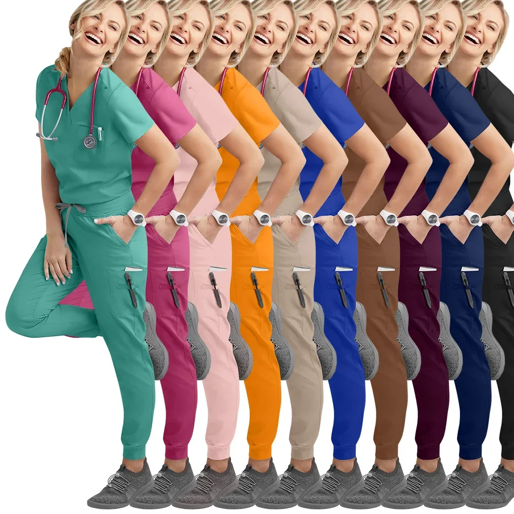 

Multicolour Jogger Suits Doctor Nursing Uniforms Short Sleeve V-neck Tops Pocket Pants Nurse Scrubs Set Medical Clinical Clothes