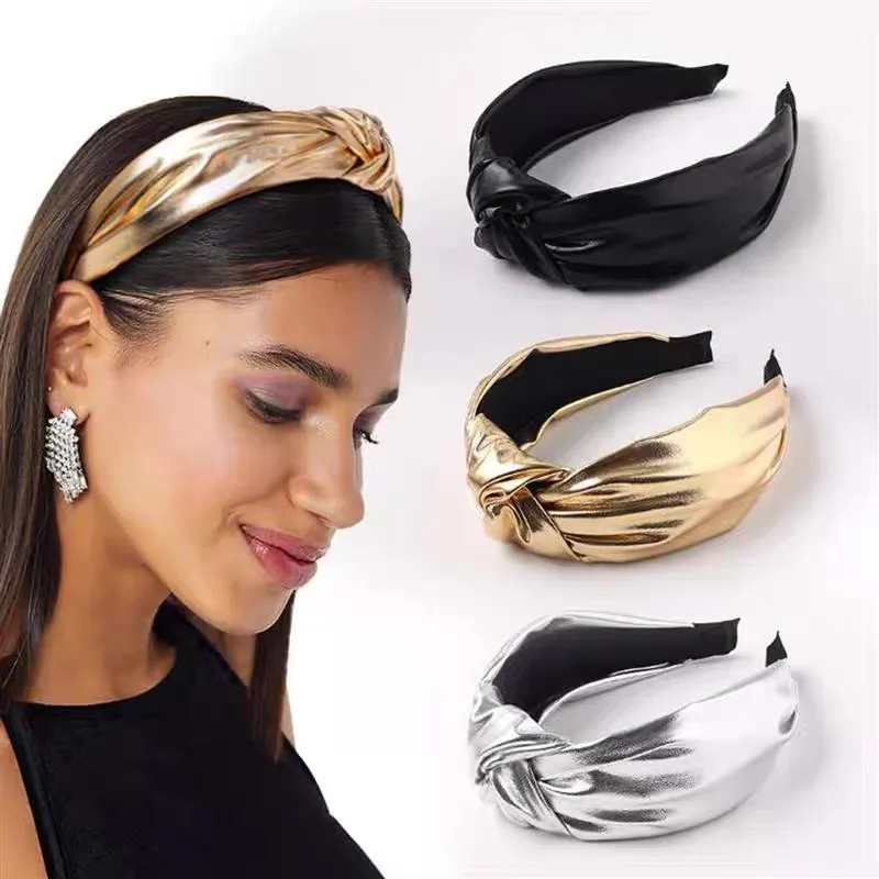 Pu Glossy Wide Hairband Fashion Hair Accessories Women\'s Retro Headband Knotted Holiday Wind Wide Side Hair Hoop Headwear