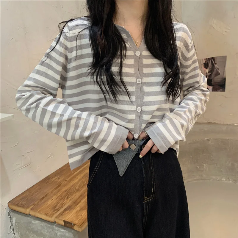 المرأة ort فضفاض محبوك سترة مخطط قاعدة طبقة سترة الخريف Faion حجم كبير بلوزة مريحة V-ne زر التفاصيل #4