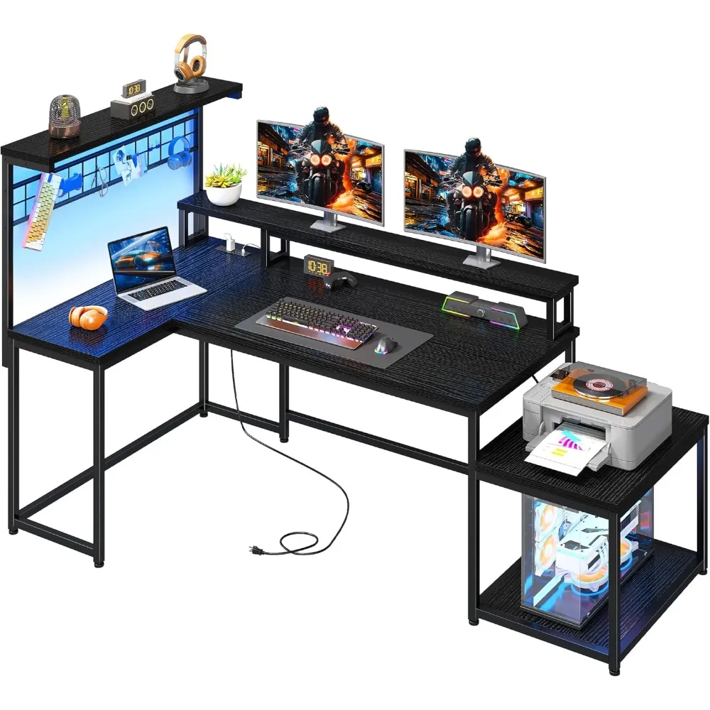 

56" L Shaped Gaming Desk with LED Lights & Power Outlets,Corner Gaming Table with Storage Shelf & Hooks,Computer Desk with Moni