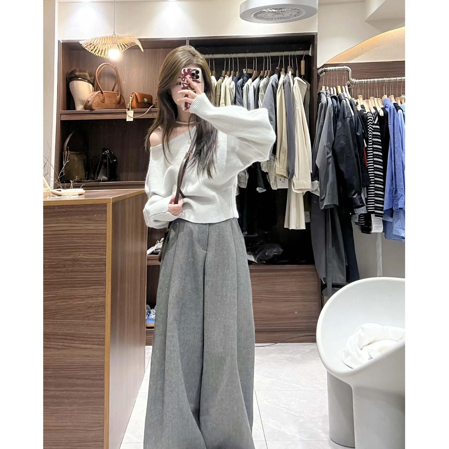 

Loose oulder Korean Sle Sweater Women's Autumn Winter New Faion Lightweight ey Knitted Top with Open oulder Design