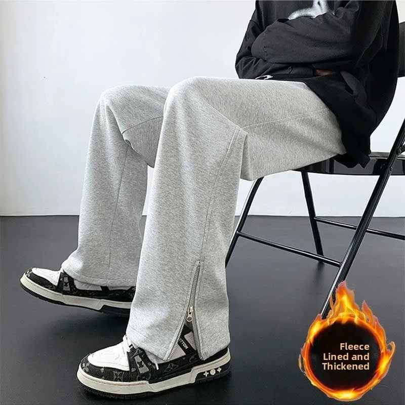 

American High Street Men's Straight Leg Zipper Slit Casual Pants Fall Winter Faion Design Wide Leg Micro Flare Sweatpants