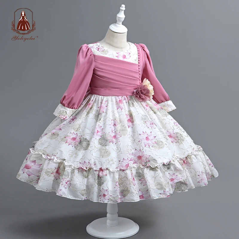 

Yoliyolei Patchwork Fashion Children Girls Dress Pleasted Long Sleeve Floral Kids Dresses For Birthday Party Summer Autumn