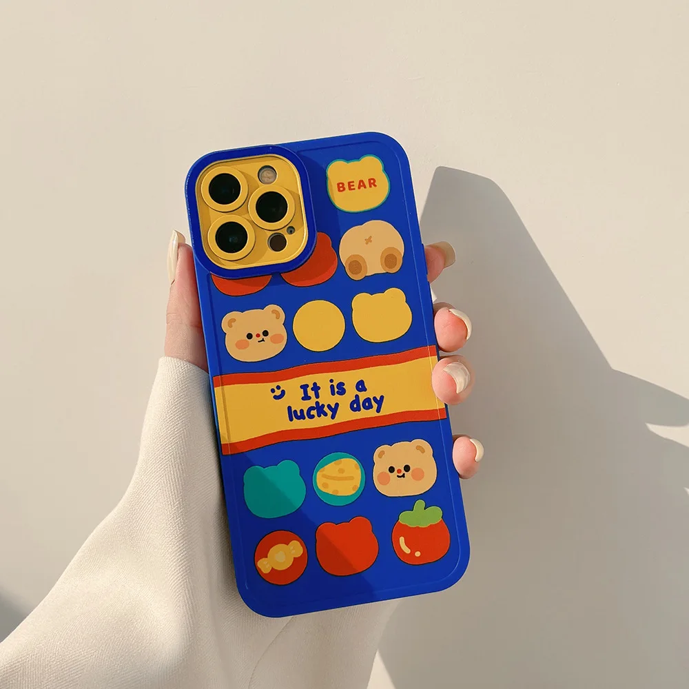 Orginal lucky smiley bear cartoon silicone phone case for iphone 14 13 pro max 11 promax 12 mini x xr xs max 8 7 plus cute cover