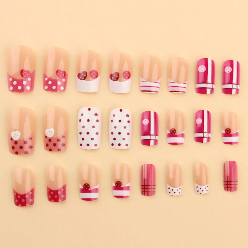 24 Stück Rosa-Weiße Französische Press-On-Nägel mit Niedlichen Herz-Knopf-Designs, Falsche Nägel mit Polka Dots und Karomuster für Süße Mädchen – Detail 6