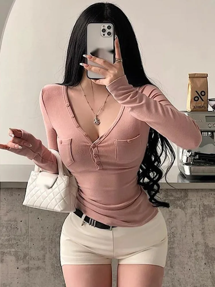 Pure Desire V-neck Pocket Single Breasted Slim Look Double Sided Brushed Long Sleeve Base T-shirt Top Women Tshirt Tees 4M5K
