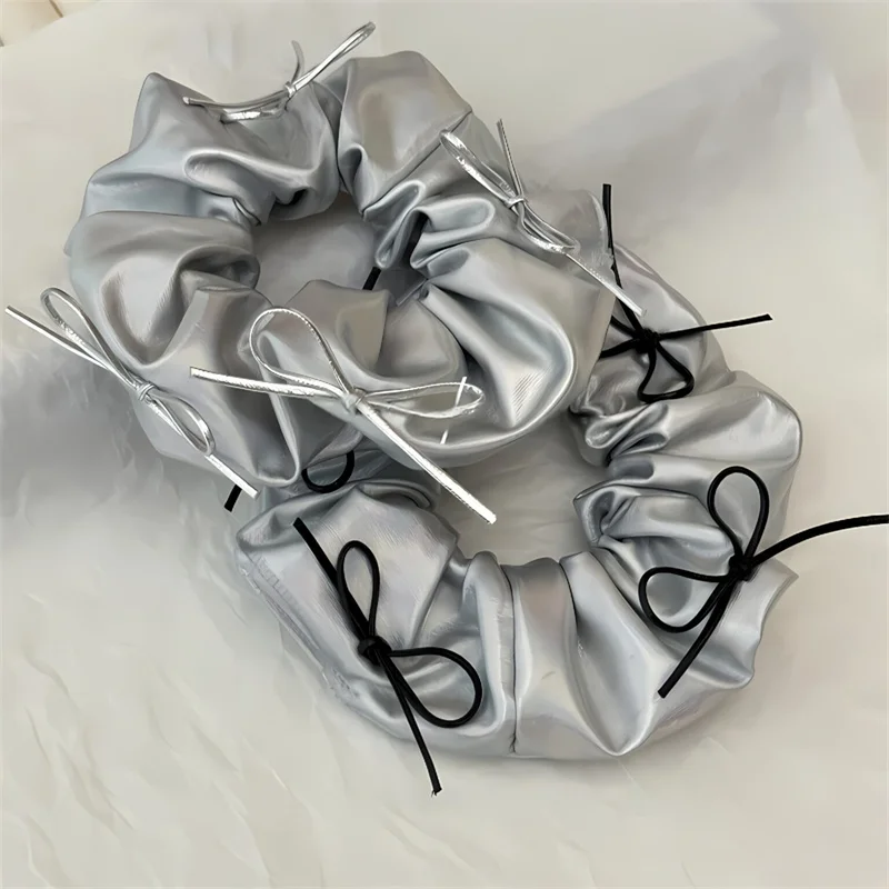 Y2k Bow Scrunchies Metal Silver Color Hair Tie Sweet Simple Elastic Hair Band Women Hair Accessories Headwear Retro Hair Rope