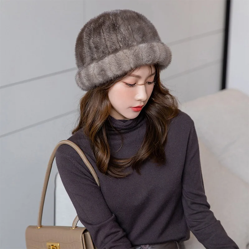 

Fashion Winter Women's Mink Fur Hat High Sense Thick Warm Casual Hat Korean Real Fur Trend Fisherman Hat 2023