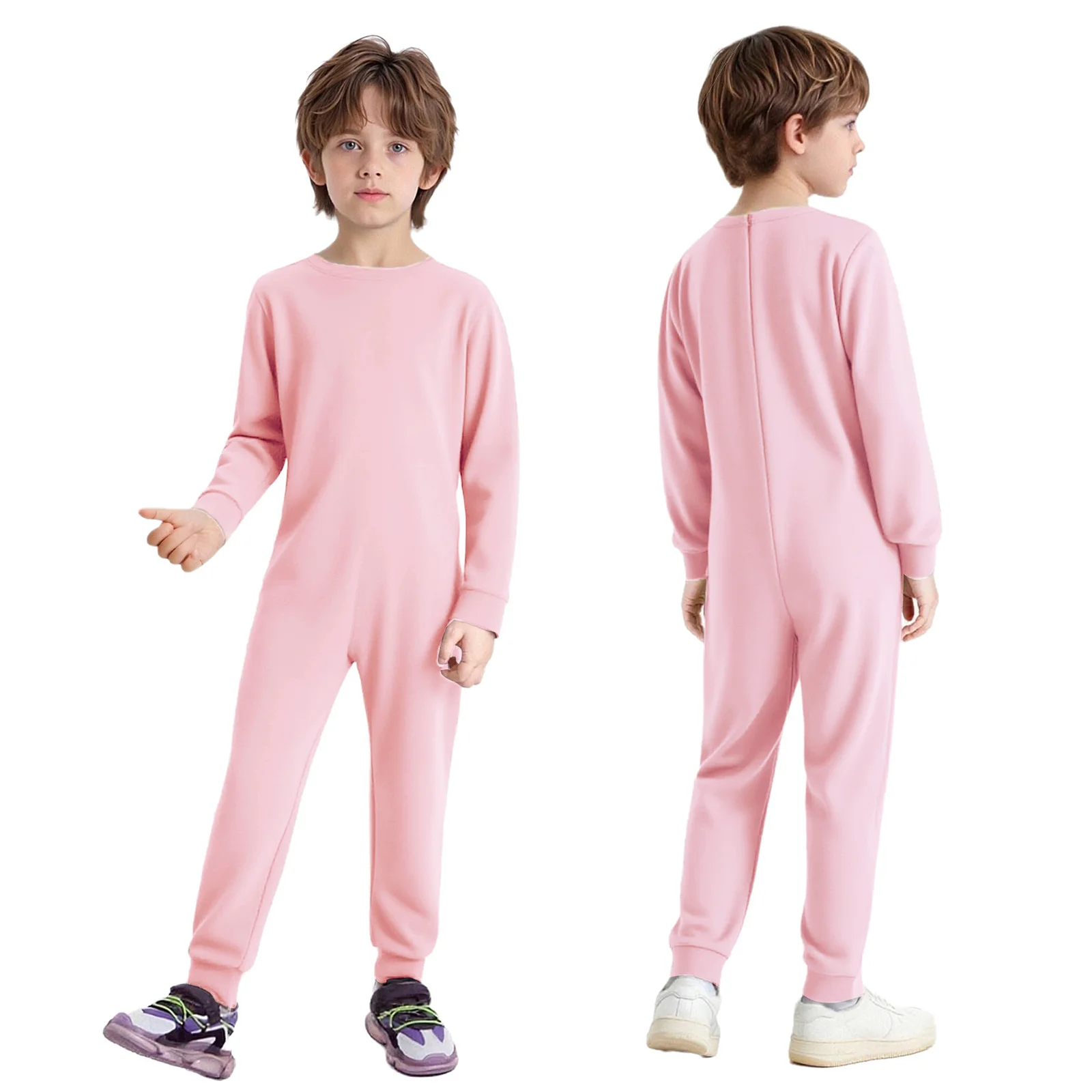 Kids Boys Girls Special Needs Adaptive Clothing Round Neck Long Sleeve Back Invisible Zipper One Piece Cotton Jumpsuit Ideal