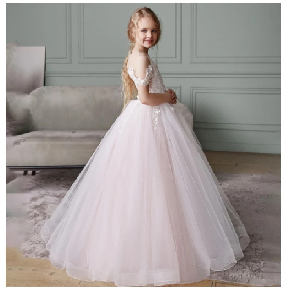 素敵なアップリケチュールふくらんプリンセスフラワーガールドレス結婚式パーティー用子供最初の聖体誕生日パーティードレスカスタマイズ