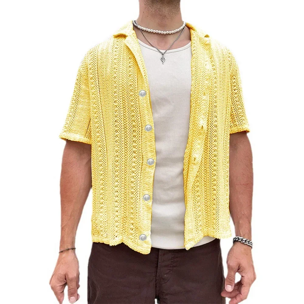 Fashionable Summer New Men's Casual Knitted Cardigan White Short Sleeved Top Shirt Hollowed Out Male Tops