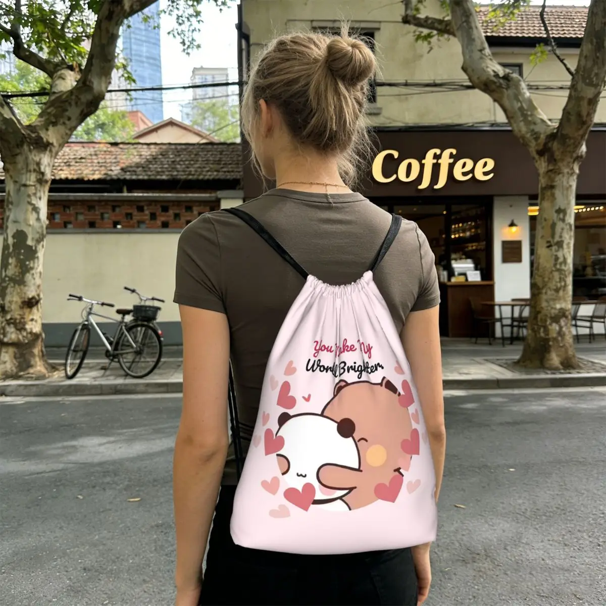 Panda Bear And Brownie True Love Happy Birthday BUBU DUDU Backpacks Portable Drawstring Bags Storage Bag Book Bags Travel School