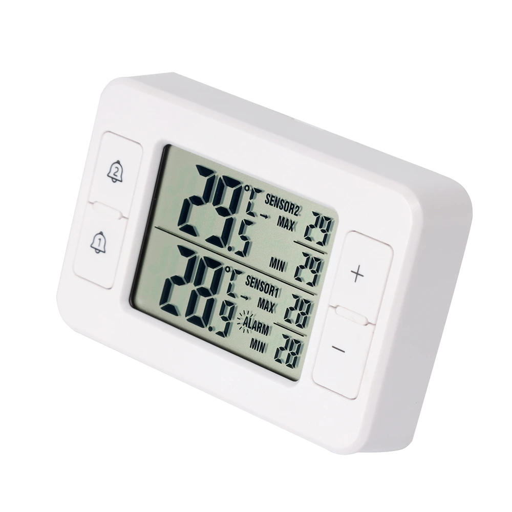 ميزان حرارة رقمي لاسلكي عالي الدقة للثلاجة والفريزر ومراقبة درجة الحرارة وسجل 2 أجهزة استشعار لدرجة الحرارة إنذار -40 ℃ ~60 ℃