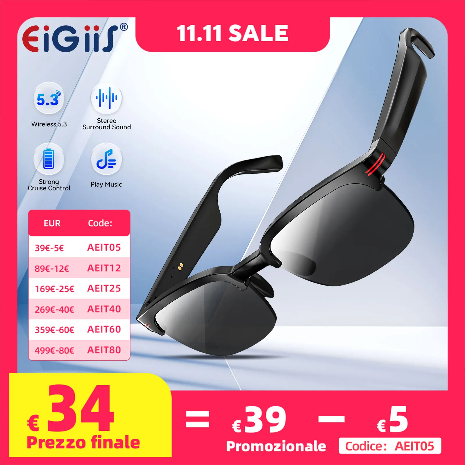 EIGIIS New GS200 Smart Glasses Wireless Call Music Playback Half Frame Sunglasses With Blue Light UV Protection IP67 Waterproof