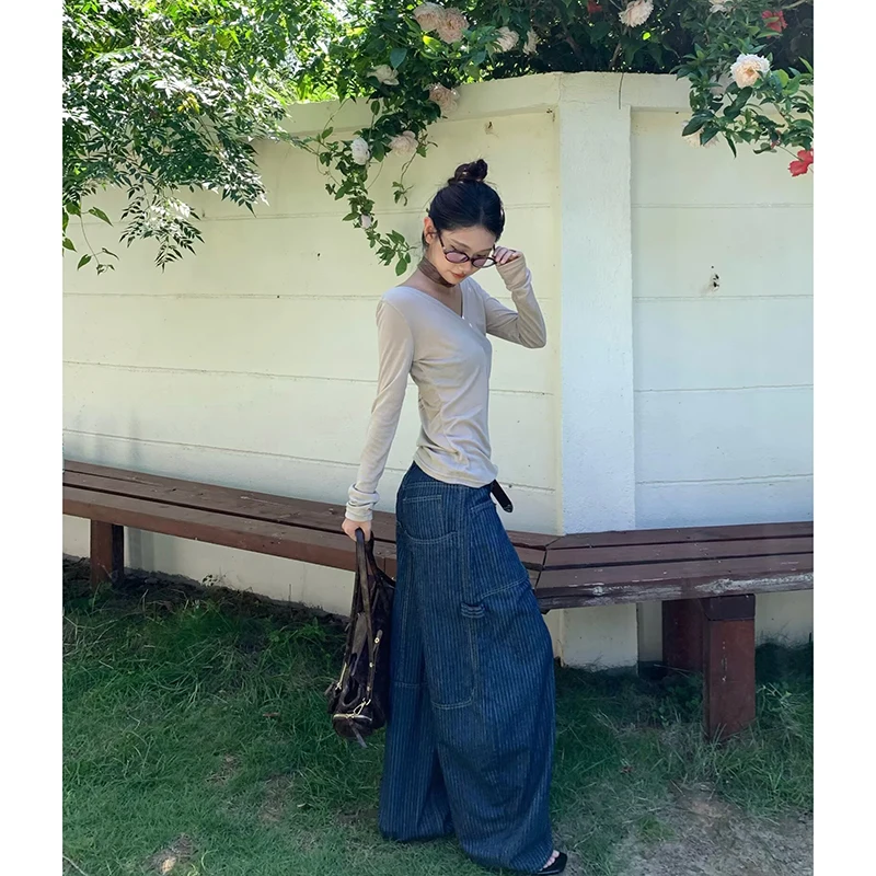 Damskie jeansy w stylu Y2K z szerokimi nogawkami, w paski, vintage, na jesień 2025, Harajuku, spodnie dżinsowe, japońskie, oversize, boyfriend, cargo, lata 2000, lata 90.