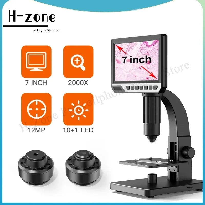 

Newest 12MP HD 7-inch IPS screen 2000x digital industrial dual-lens microscope with 11 LED lights for microbial observation