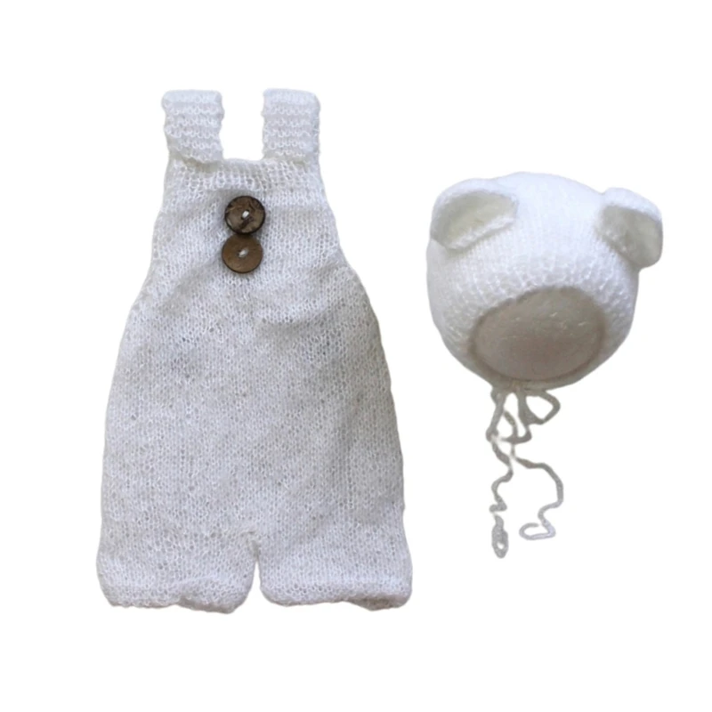 New Newborn Photo Set Bear Hat Crochet Suspender Romper Photo Props Baby Animal Costume Infant Photography Suit