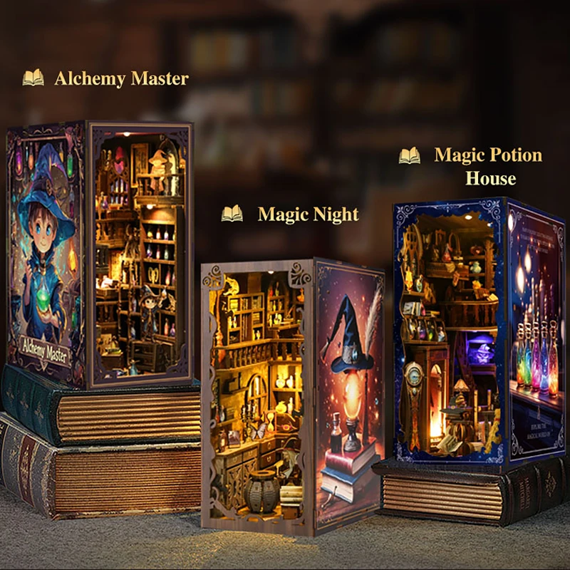 

Bookshelf Set DIY Book Nook Kit Wooden Doll House Making Room Toys Home Bookshelf With Furniture Bookend Decorations Dollhouse