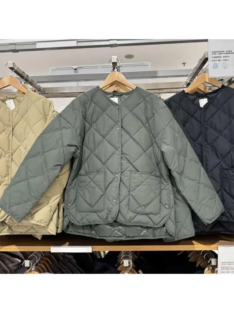 Cotton Casual Jacket Diamond Grid Round Neck Jacket Loose Cotton Jacket 2025 Autumn And Winter New Loose V-neck Jacket For Women