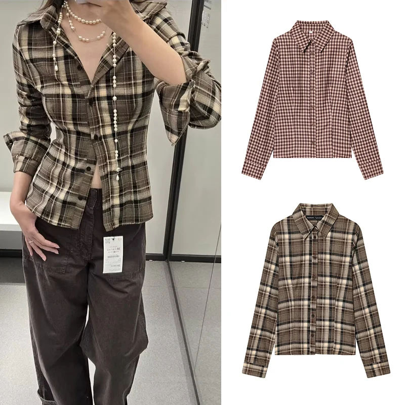 

Spring New Blouses 2026 New Fashion Plaid Elegant Slim Spring Long-Sleeved Women's Shirts Tops Chic Young Students Casual Tops
