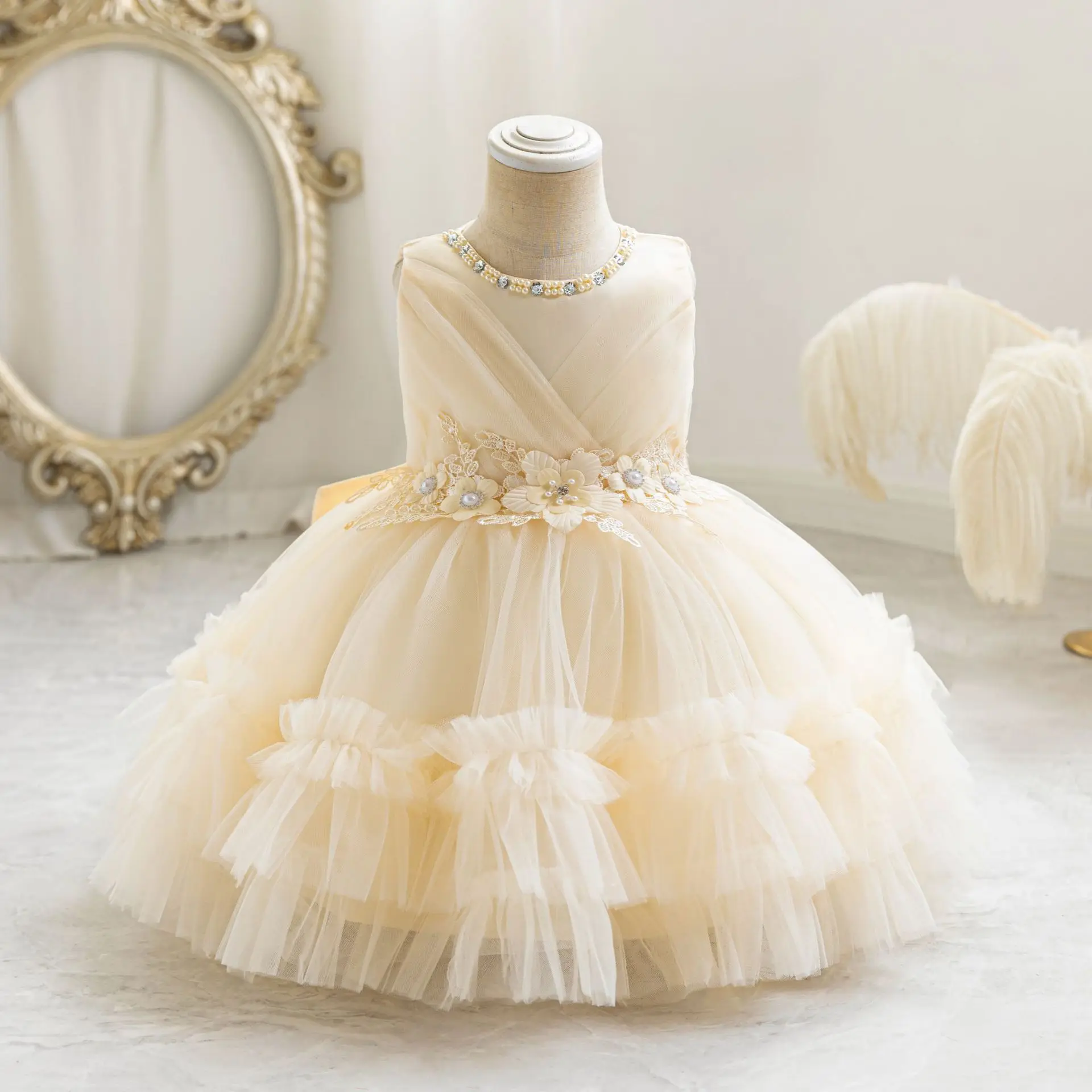 HETISO Baby Girl Dress Tulle Flower Pearl Kids Princess Dresses for Wedding Birthday Party First Communion Toddler Gown