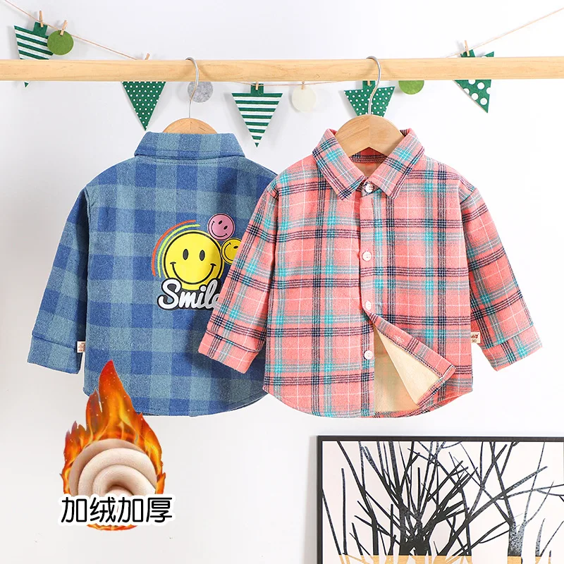 Winter Fleece Warm Baby Boys Shirts Plaid Korean Children\'s Shirt Jacket Designer Boys Tees Kid Blouses And Shirts Boy Clothes