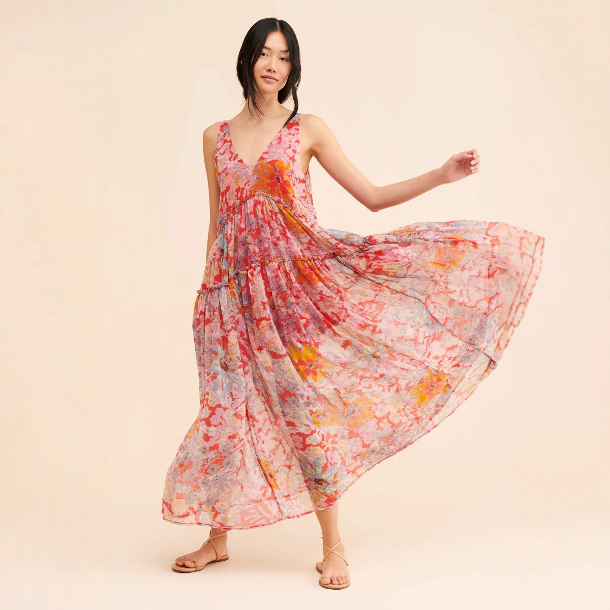

Color Bohemian Print Chiffon Long Dresses Women Summer V-neck Backless Loose Sleeveless Dress Fashion Lady Vacation Vestidos New