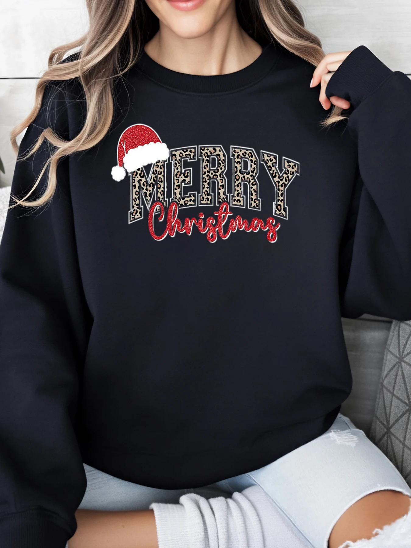 

С Рождеством Леопардовый принт Санта-Клауса Шляпа Толстовка Праздничная женская повседневная одежда Черный Большие размеры